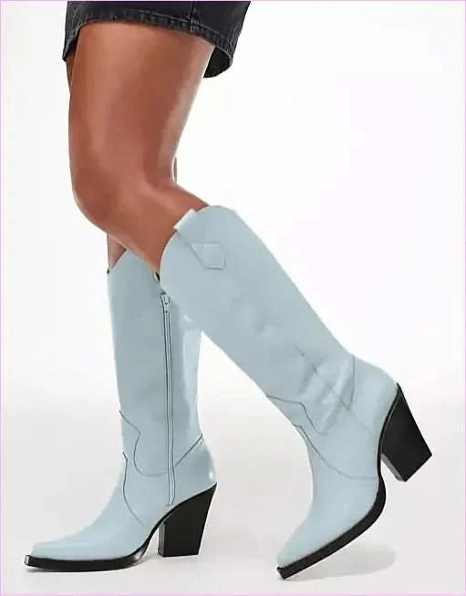 Unisex Knee High Cowboy Boots with Pointed Toe and Wedge Heels - Pleasures and Sins