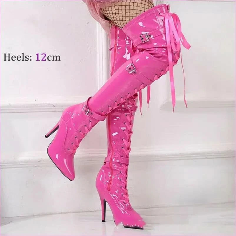 Unisex Patent Mirror Buckle Thigh-high Stiletto Boots in Black - Pleasures and Sins