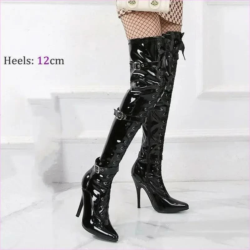 Unisex Patent Mirror Buckle Thigh-high Stiletto Boots in Black - Pleasures and Sins