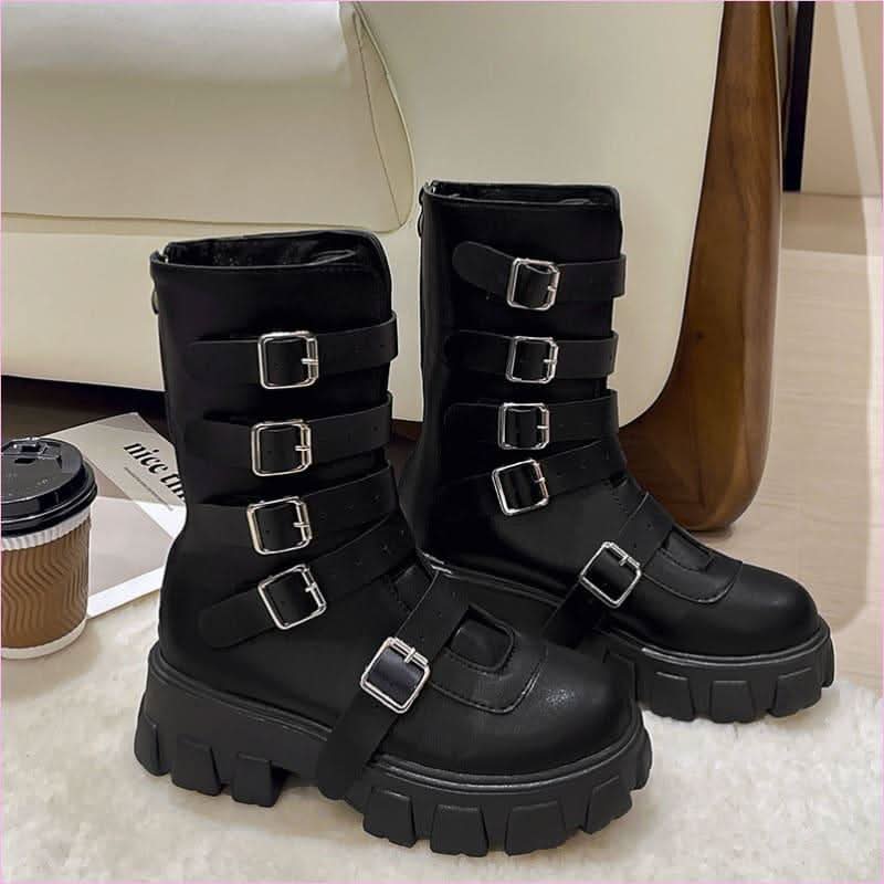 Unisex Punk Multi Buckle Mid Calf Boots with Platform Heel - Pleasures and Sins