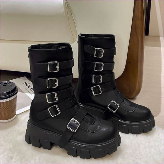 Unisex Punk Multi Buckle Mid Calf Boots with Platform Heel - Pleasures and Sins