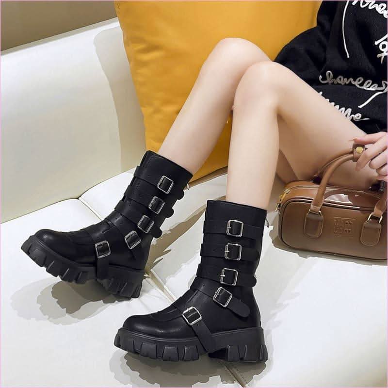 Unisex Punk Multi Buckle Mid Calf Boots with Platform Heel - Pleasures and Sins