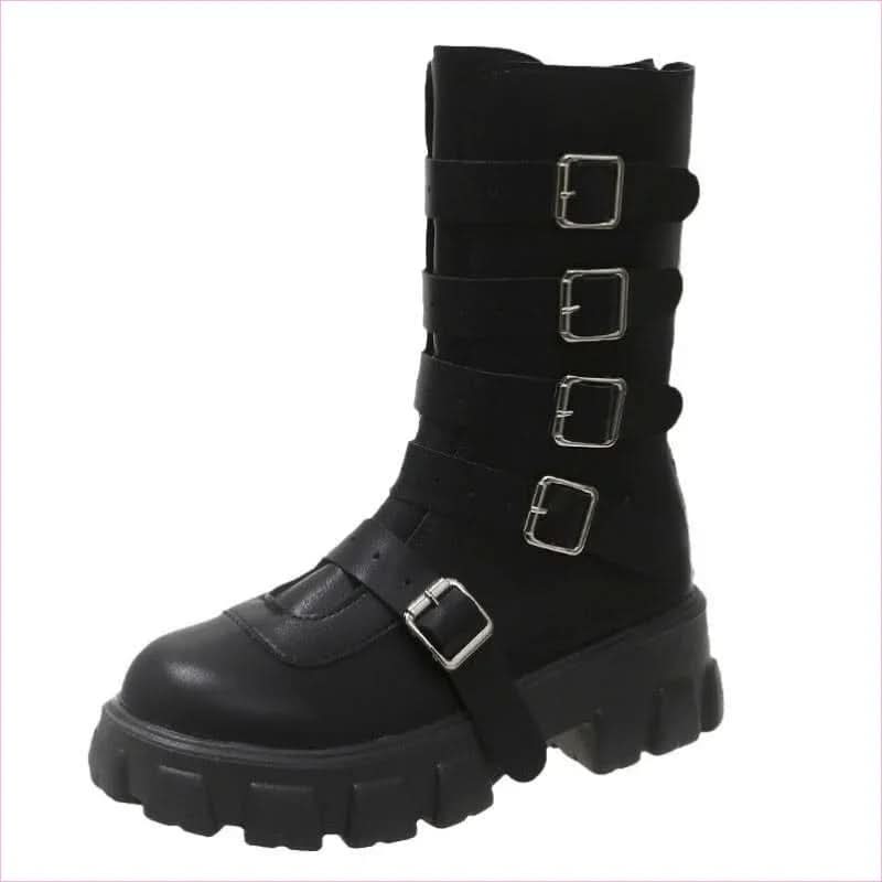 Unisex Punk Multi Buckle Mid Calf Boots with Platform Heel - Pleasures and Sins