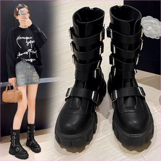 Unisex Punk Multi Buckle Mid Calf Boots with Platform Heel - Pleasures and Sins