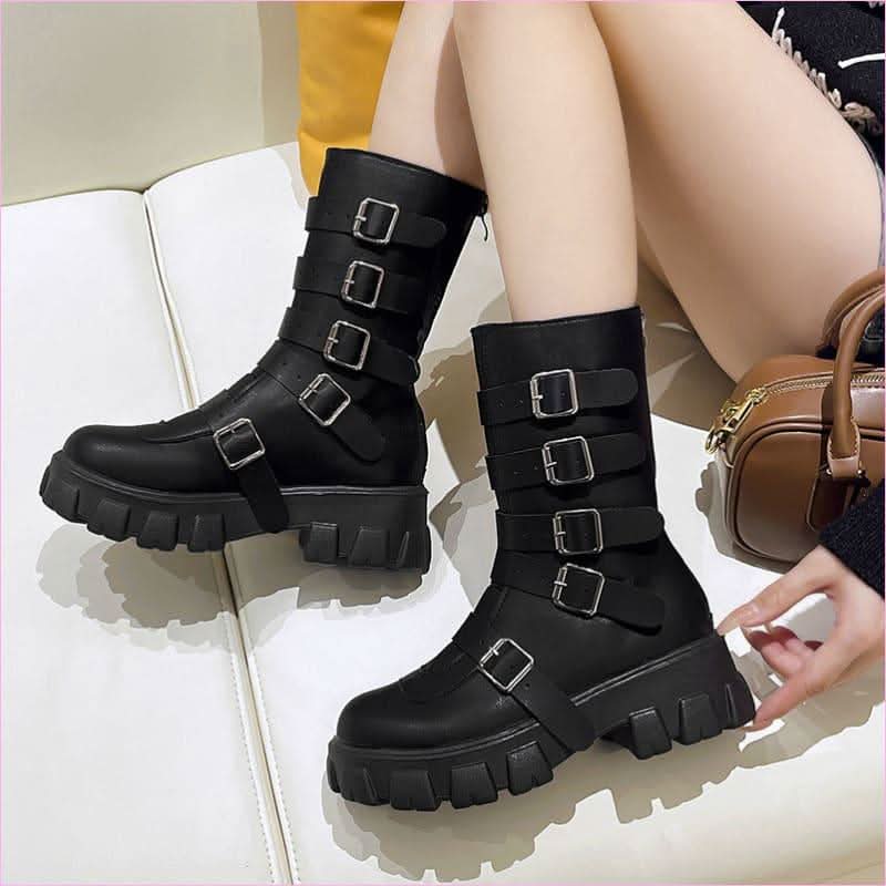 Unisex Punk Multi Buckle Mid Calf Boots with Platform Heel - Pleasures and Sins