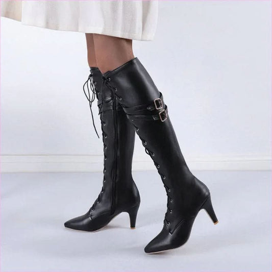 Unisex Steampunk Pointed Toe Boots with Belt Buckle Stiletto Heel - Pleasures and Sins