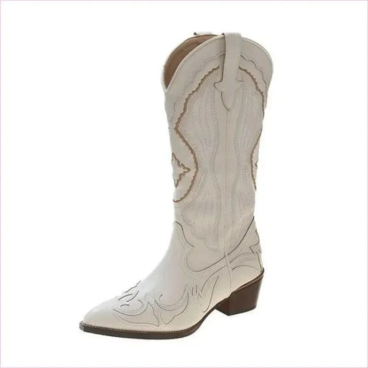 Unisex White Western Long Boots with Chunky High Heel - Pleasures and Sins
