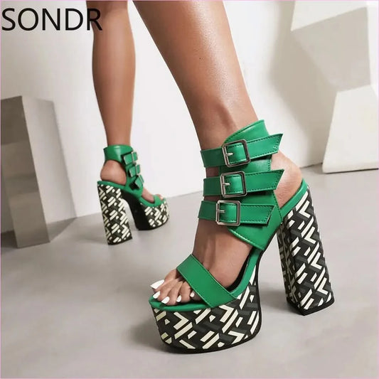 Vibrant Green Womens Platform Peep Toe Belt Buckle Sandals - Pleasures and Sins