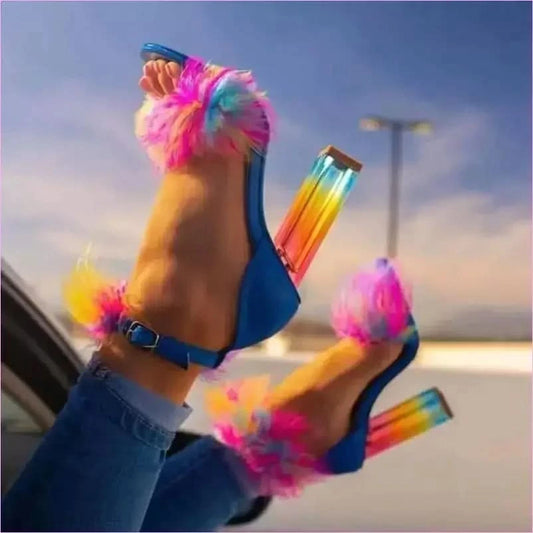Vibrant Summer Rainbow Crystal Heel Sandals with Pom-poms - Pleasures and Sins