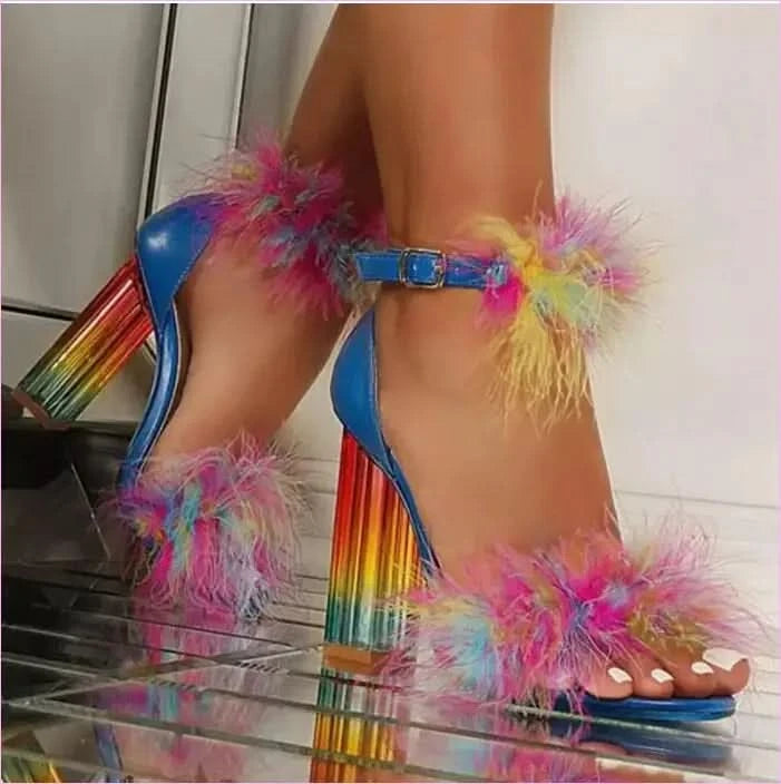 Vibrant Summer Rainbow Crystal Heel Sandals with Pom-poms - Pleasures and Sins