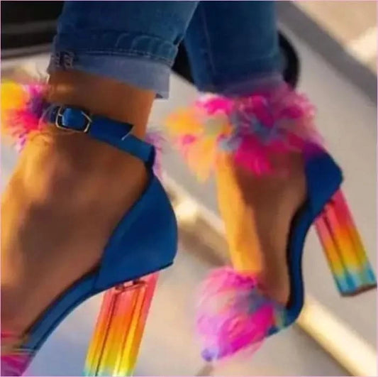 Vibrant Summer Rainbow Crystal Heel Sandals with Pom-poms - Pleasures and Sins