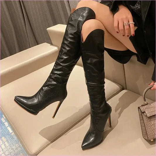White and Black Leather Knee High Stiletto Boots for Women - Pleasures and Sins