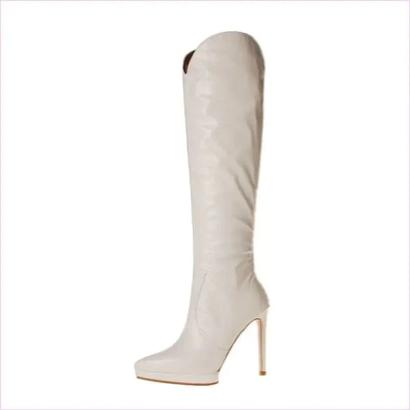 White and Black Leather Knee High Stiletto Boots for Women - Pleasures and Sins