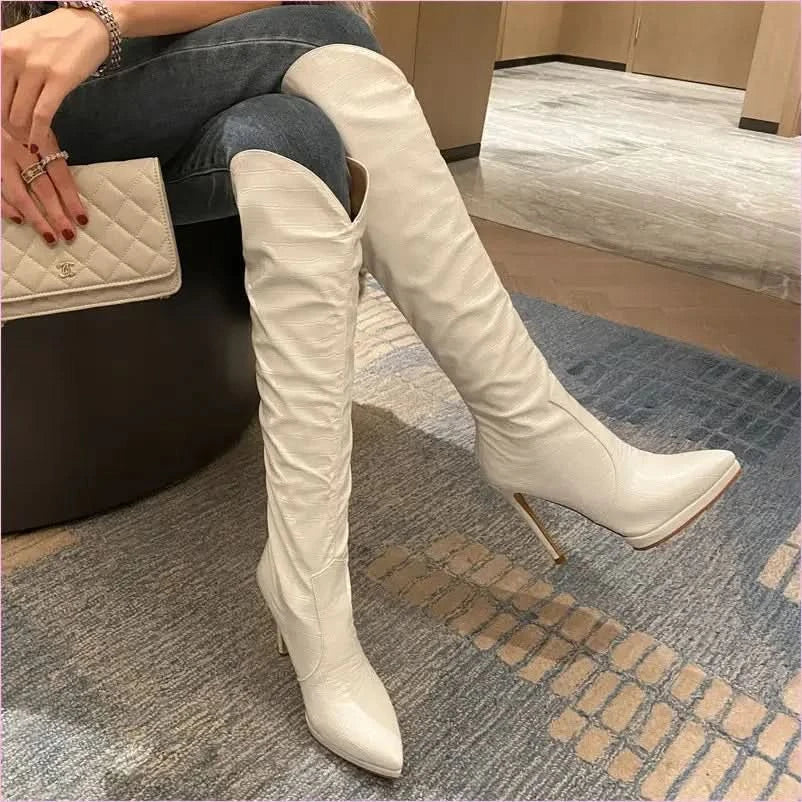 White and Black Leather Knee High Stiletto Boots for Women - Pleasures and Sins