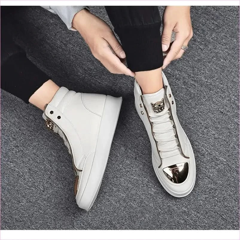 White High-top Casual Street Boots with Gold Accents and Tiger Detail - Pleasures and Sins