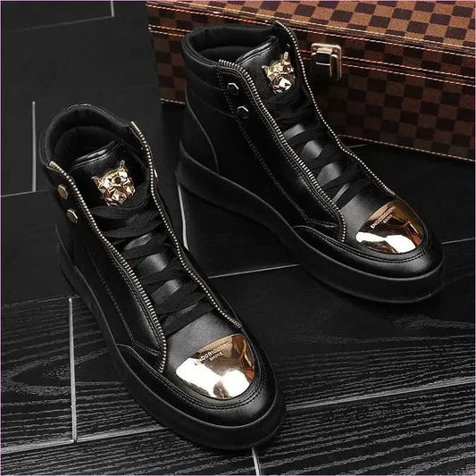 White High-top Casual Street Boots with Gold Accents and Tiger Detail - Pleasures and Sins