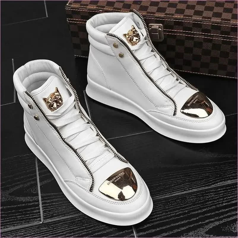White High-top Casual Street Boots with Gold Accents and Tiger Detail - Pleasures and Sins