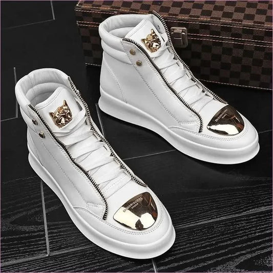 White High-top Casual Street Boots with Gold Accents and Tiger Detail - Pleasures and Sins