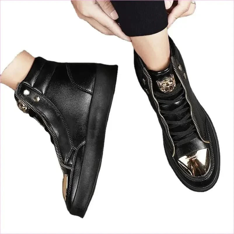 White High-top Casual Street Boots with Gold Accents and Tiger Detail - Pleasures and Sins