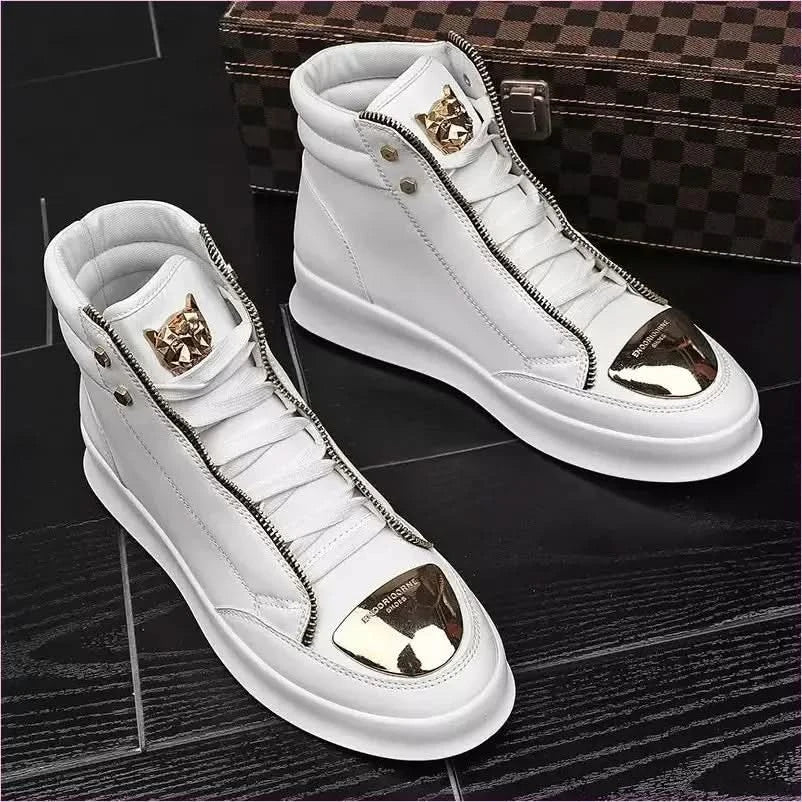 White High-top Casual Street Boots with Gold Accents and Tiger Detail - Pleasures and Sins
