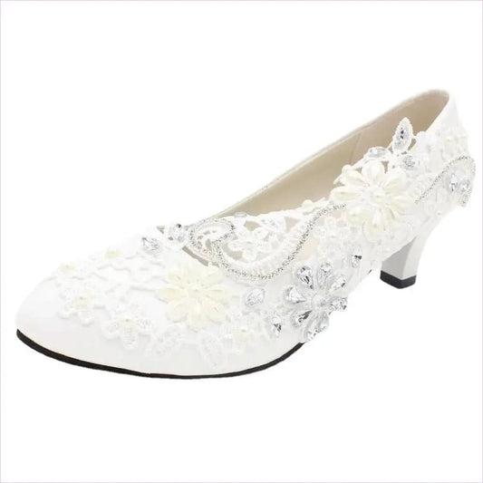 White Lace Rhinestone Wedding Shoes with Adjustable Heel Height - Pleasures and Sins