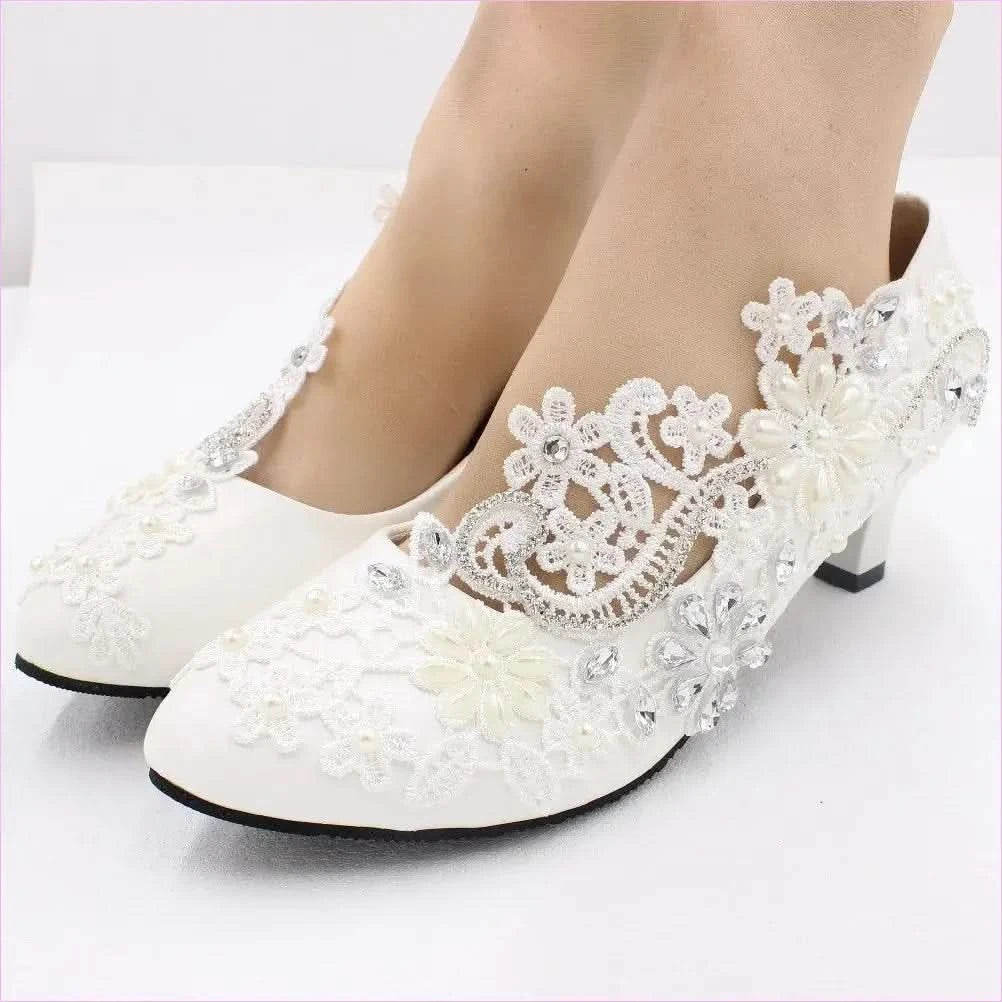 White Lace Rhinestone Wedding Shoes with Adjustable Heel Height - Pleasures and Sins