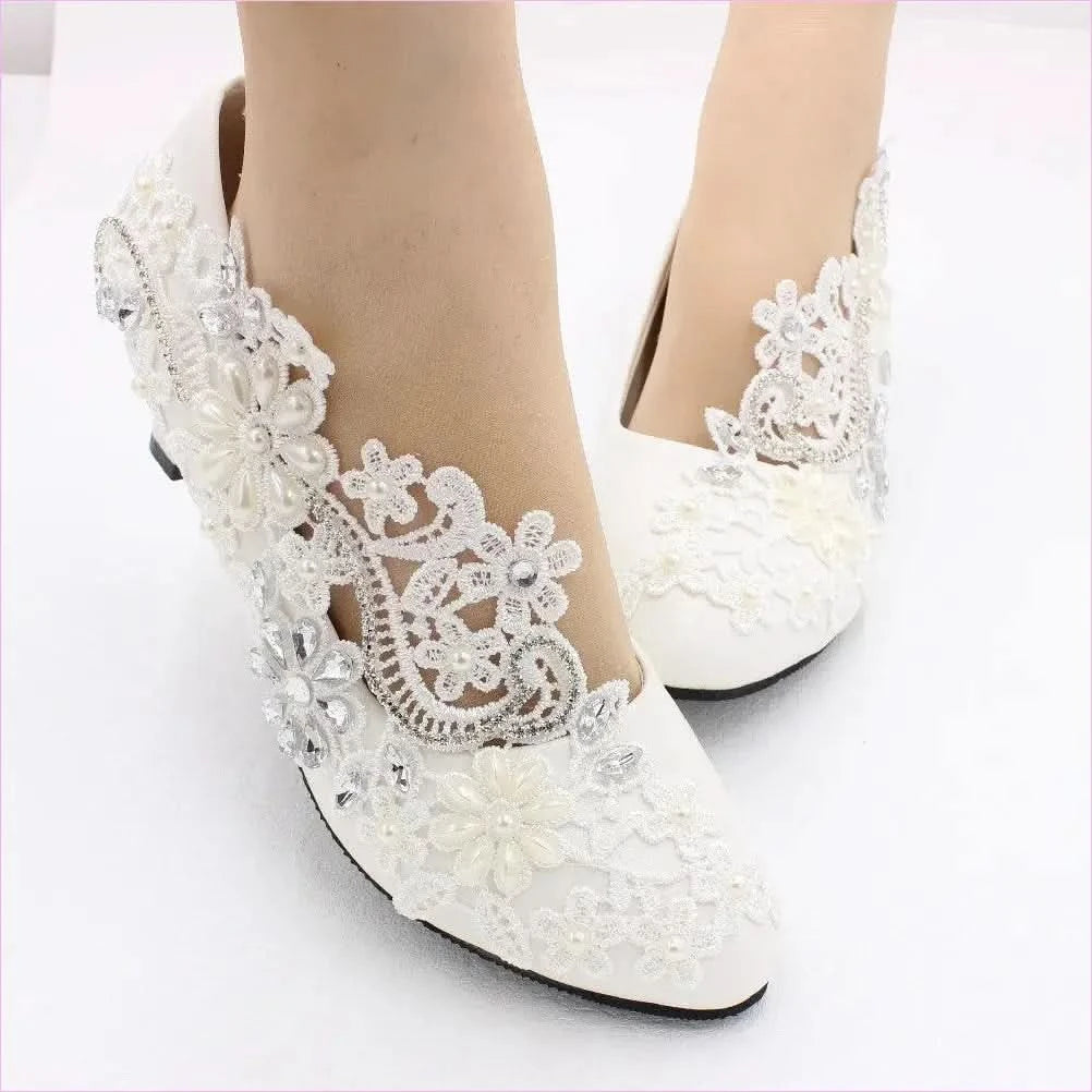 White Lace Rhinestone Wedding Shoes with Adjustable Heel Height - Pleasures and Sins