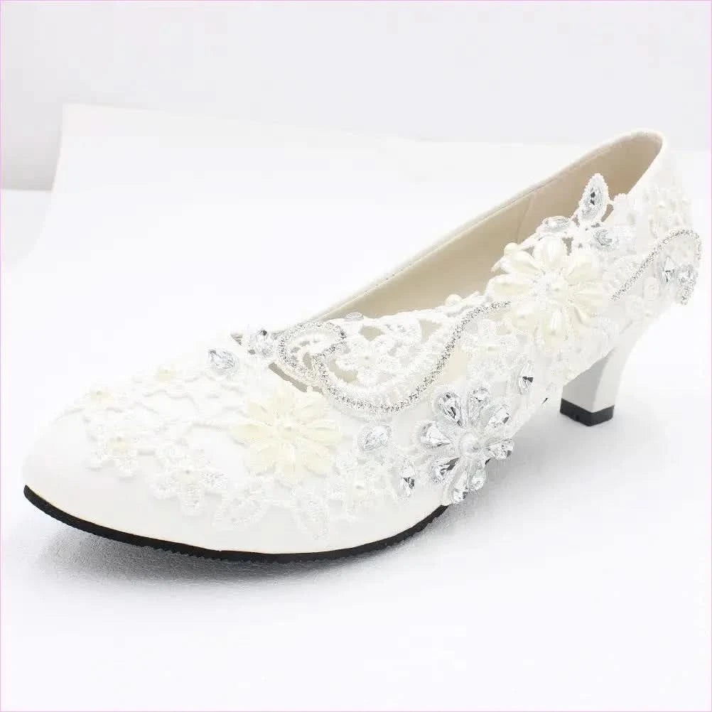 White Lace Rhinestone Wedding Shoes with Adjustable Heel Height - Pleasures and Sins