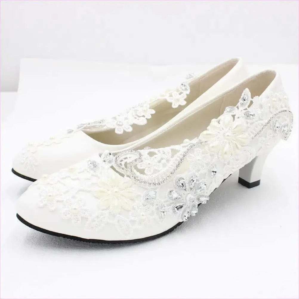 White Lace Rhinestone Wedding Shoes with Adjustable Heel Height - Pleasures and Sins