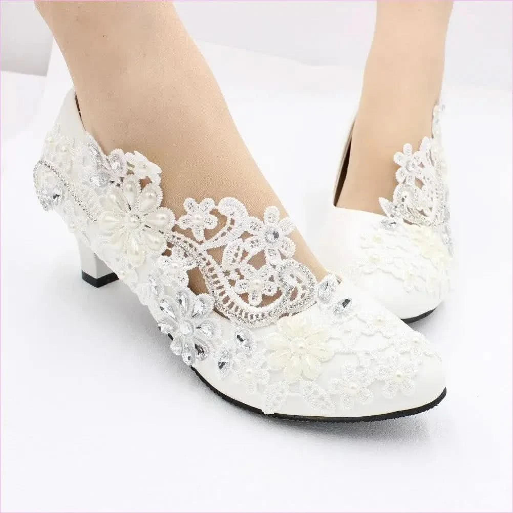 White Lace Rhinestone Wedding Shoes with Adjustable Heel Height - Pleasures and Sins