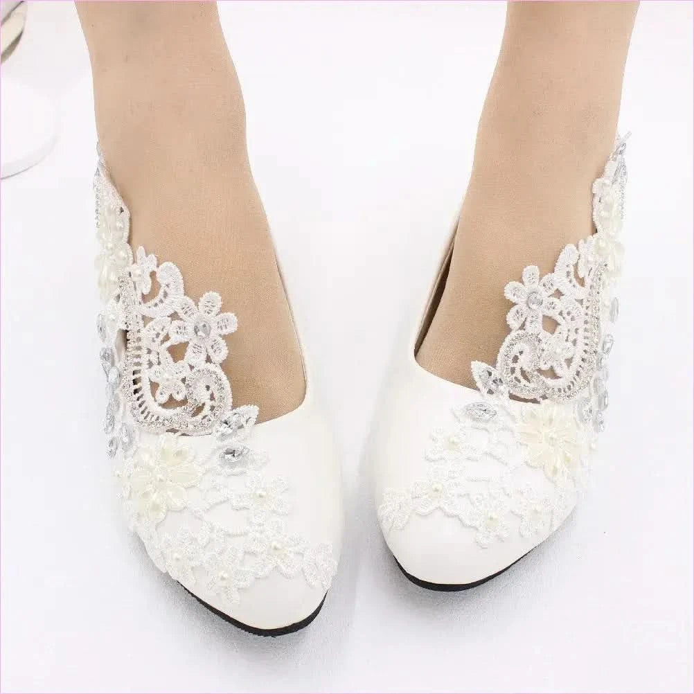 White Lace Rhinestone Wedding Shoes with Adjustable Heel Height - Pleasures and Sins