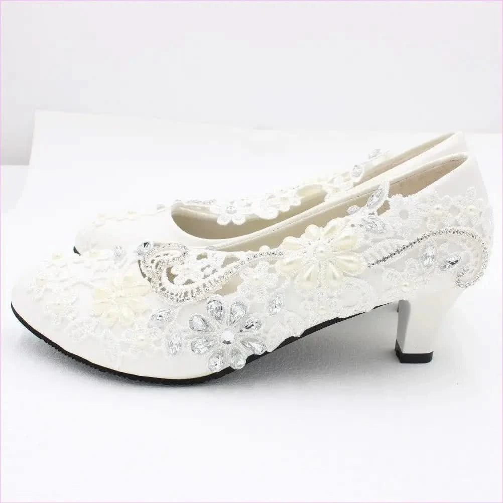 White Lace Rhinestone Wedding Shoes with Adjustable Heel Height - Pleasures and Sins