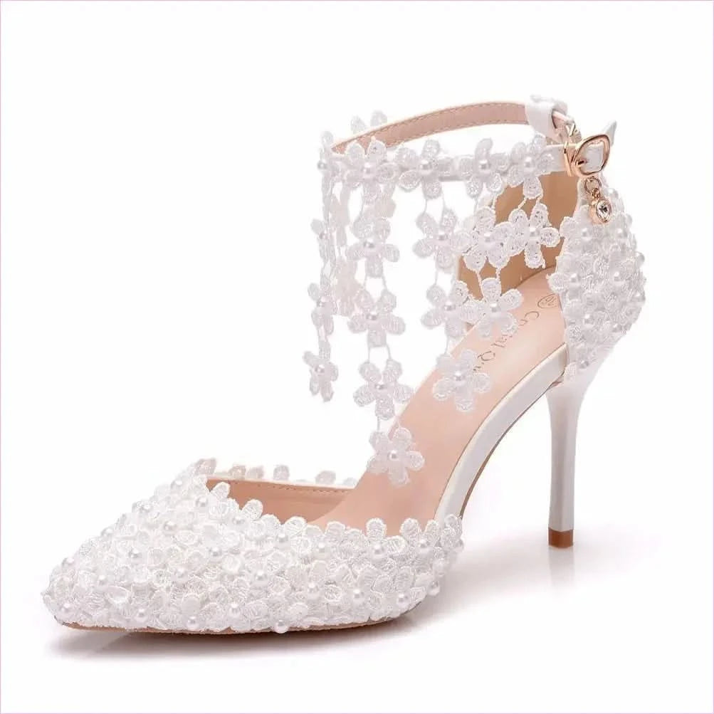 White Lace Wedding Shoes with Flower Tassel Detail - Pleasures and Sins