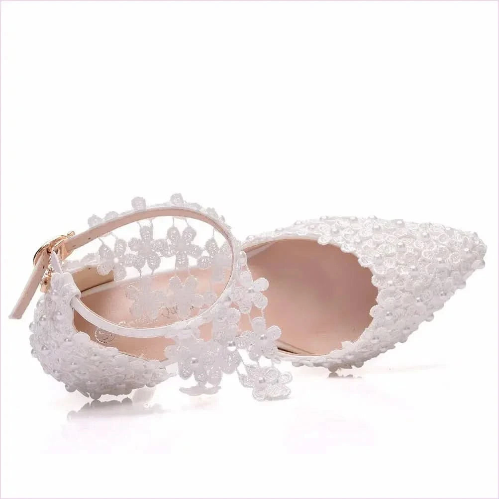 White Lace Wedding Shoes with Flower Tassel Detail - Pleasures and Sins