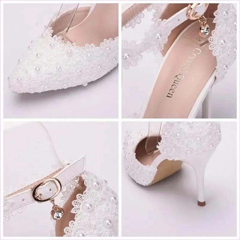 White Lace Wedding Shoes with Flower Tassel Detail - Pleasures and Sins