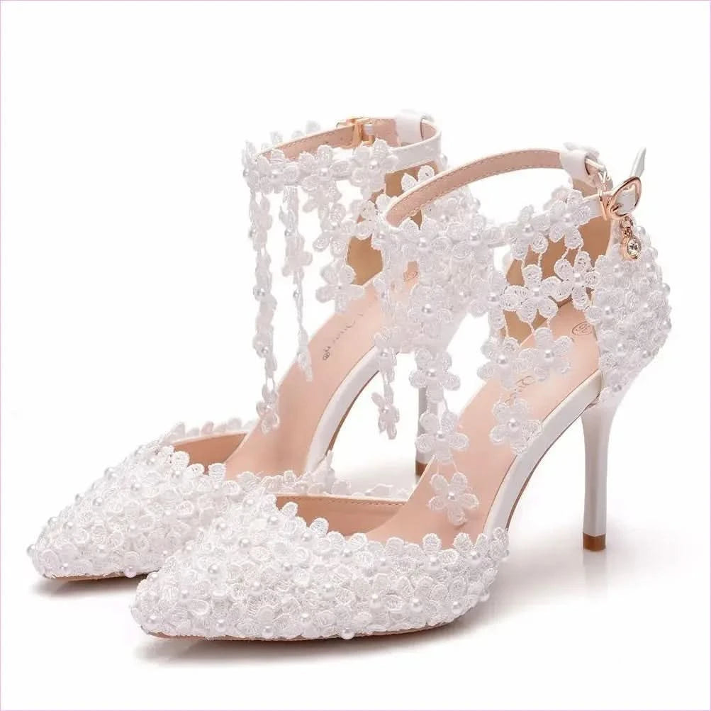 White Lace Wedding Shoes with Flower Tassel Detail - Pleasures and Sins