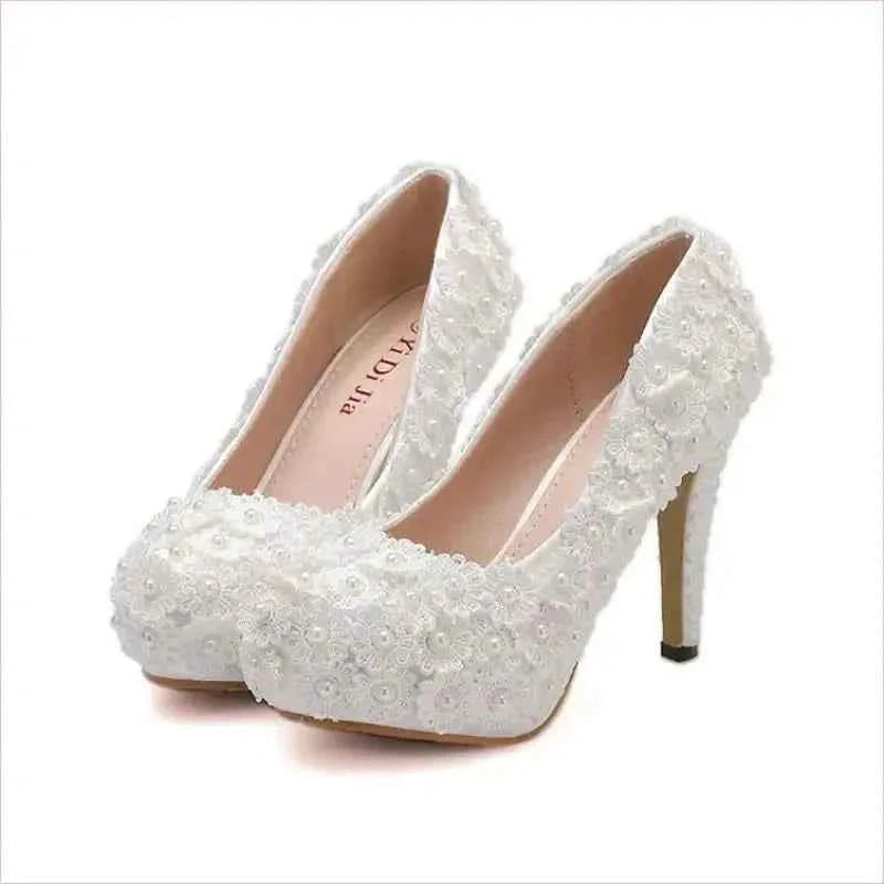 White Lace Wedding Shoes with Round Toe Flower and Pearl Accents - Pleasures and Sins
