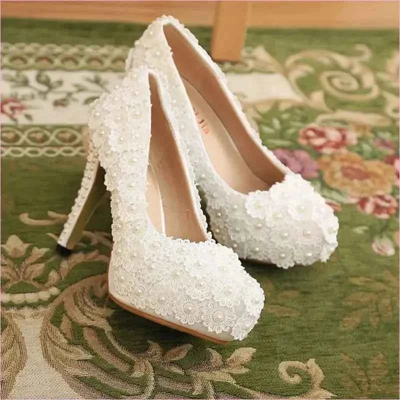 White Lace Wedding Shoes with Round Toe Flower and Pearl Accents - Pleasures and Sins