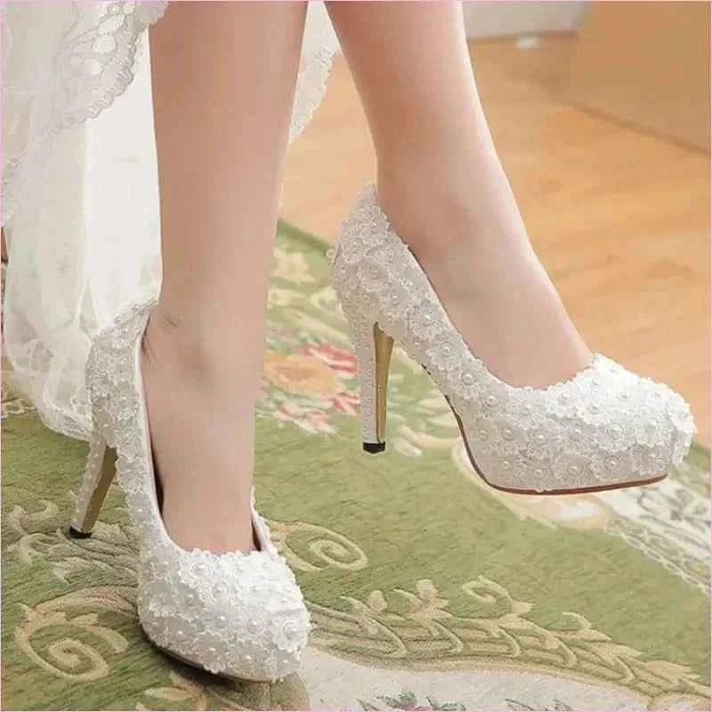 White Lace Wedding Shoes with Round Toe Flower and Pearl Accents - Pleasures and Sins