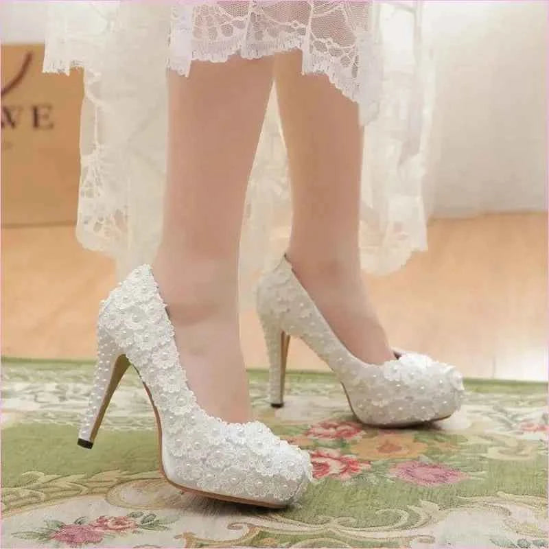 White Lace Wedding Shoes with Round Toe Flower and Pearl Accents - Pleasures and Sins