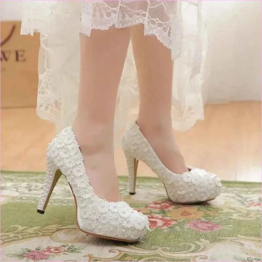 White Lace Wedding Shoes with Round Toe Flower and Pearl Accents - Pleasures and Sins