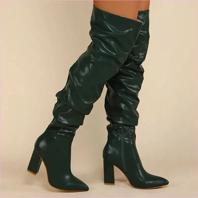 White Leather Chunky Heel Knee Ruffle Design Zip Up Boots - Pleasures and Sins