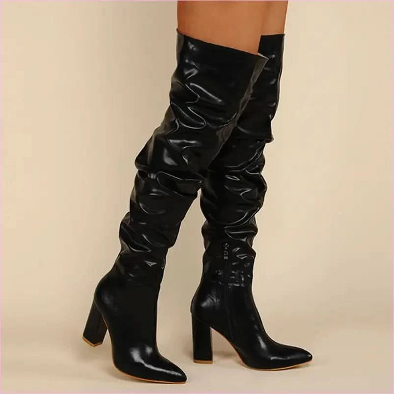 White Leather Chunky Heel Knee Ruffle Design Zip Up Boots - Pleasures and Sins
