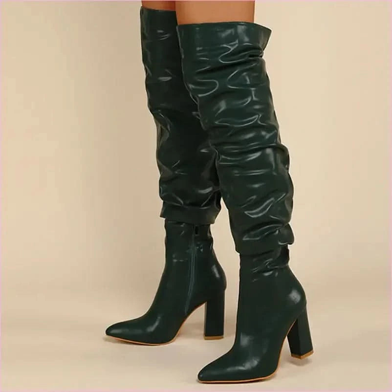 White Leather Chunky Heel Knee Ruffle Design Zip Up Boots - Pleasures and Sins