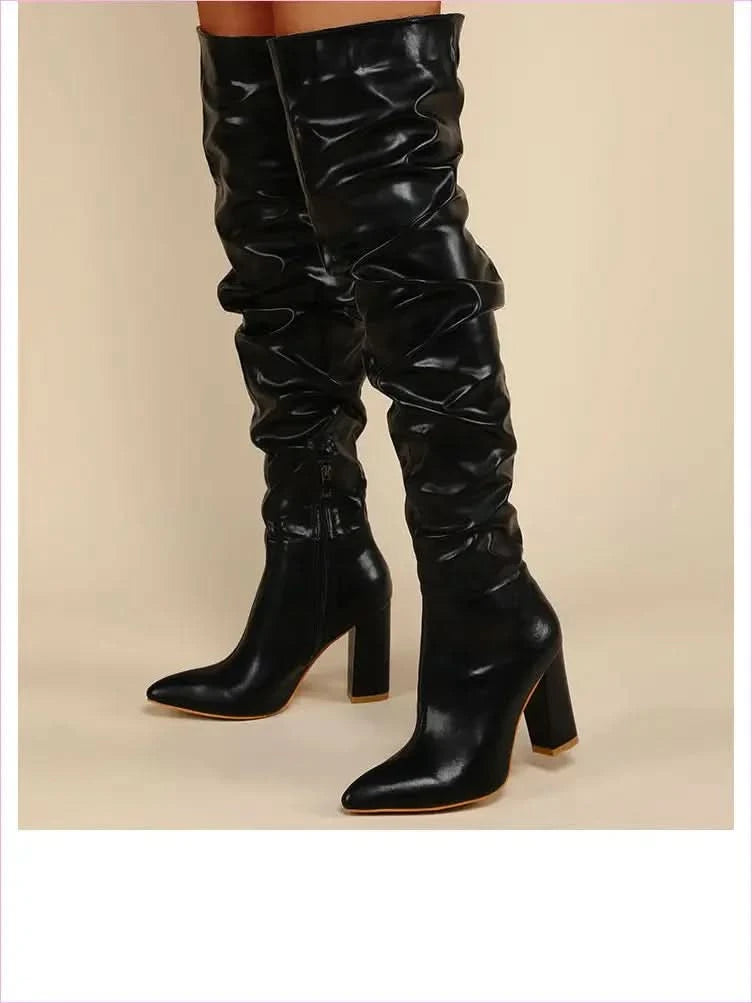 White Leather Chunky Heel Knee Ruffle Design Zip Up Boots - Pleasures and Sins
