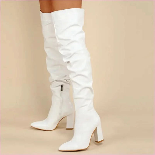 White Leather Chunky Heel Knee Ruffle Design Zip Up Boots - Pleasures and Sins