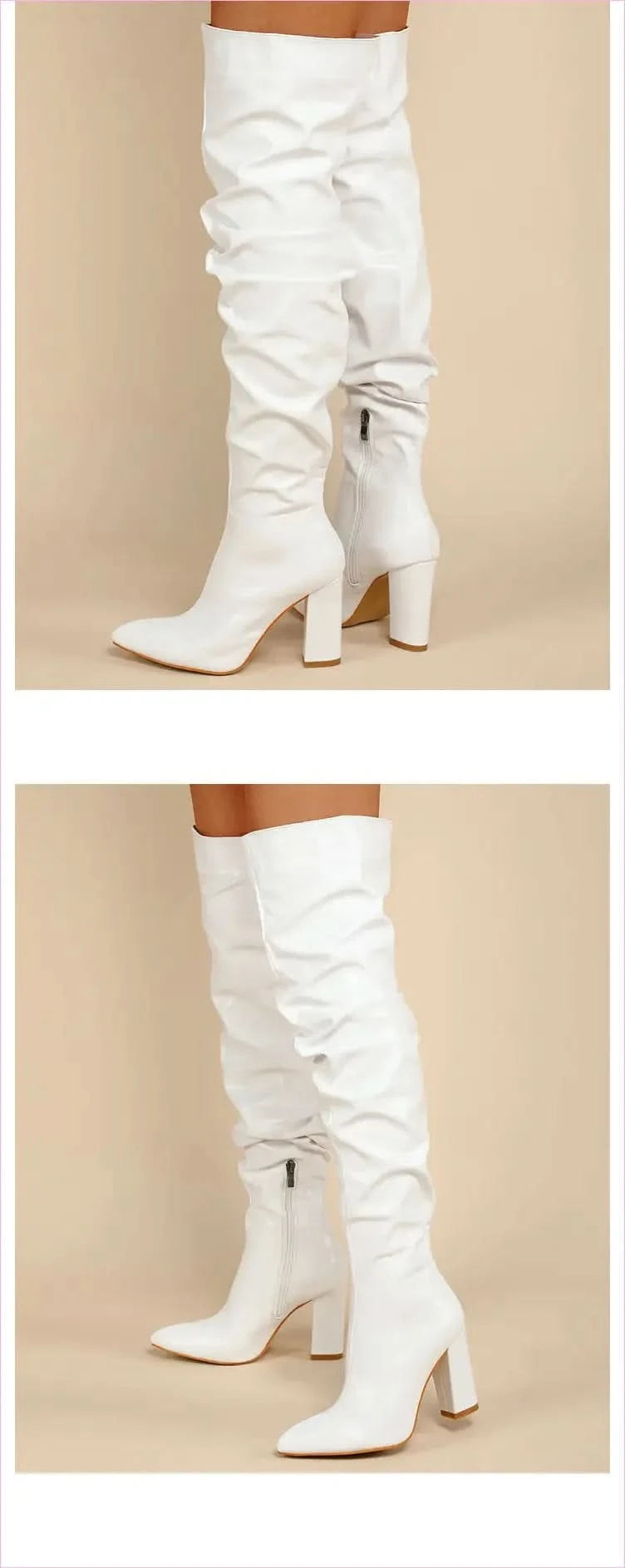 White Leather Chunky Heel Knee Ruffle Design Zip Up Boots - Pleasures and Sins
