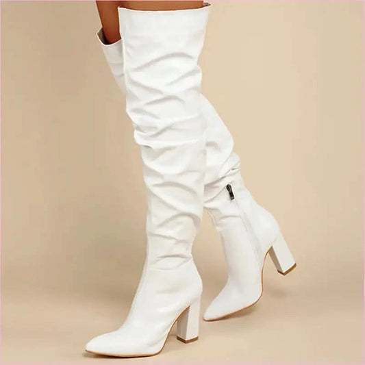 White Leather Chunky Heel Knee Ruffle Design Zip Up Boots - Pleasures and Sins