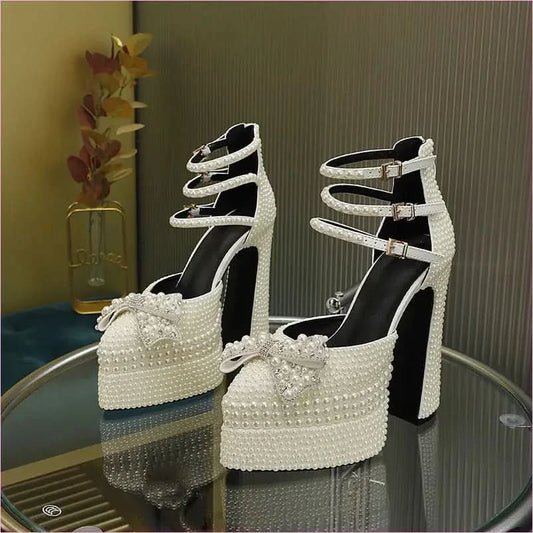 White Patent Leather Pearl Encrusted High Platform Heel Pointed Shoes - Pleasures and Sins