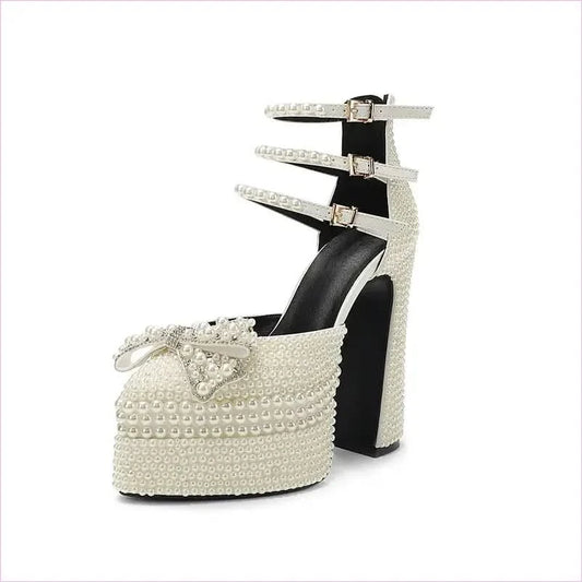 White Patent Leather Pearl Encrusted High Platform Heel Pointed Shoes - Pleasures and Sins
